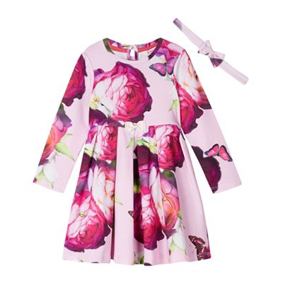 Baby girls' pink floral print dress with a headband